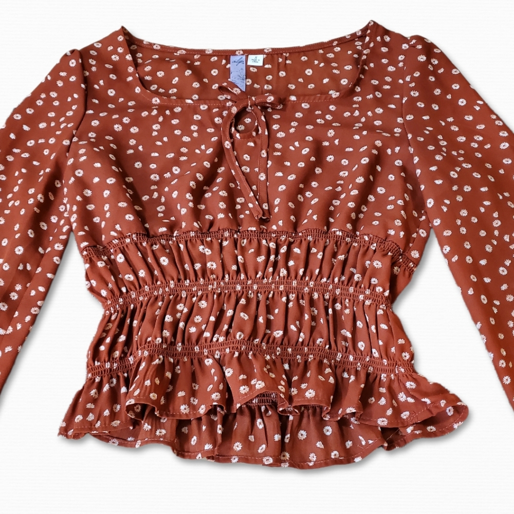 Alya Boho Floral Crop Top with Elastic Waistband Long Sleeve Size S - Picture 2 of 9